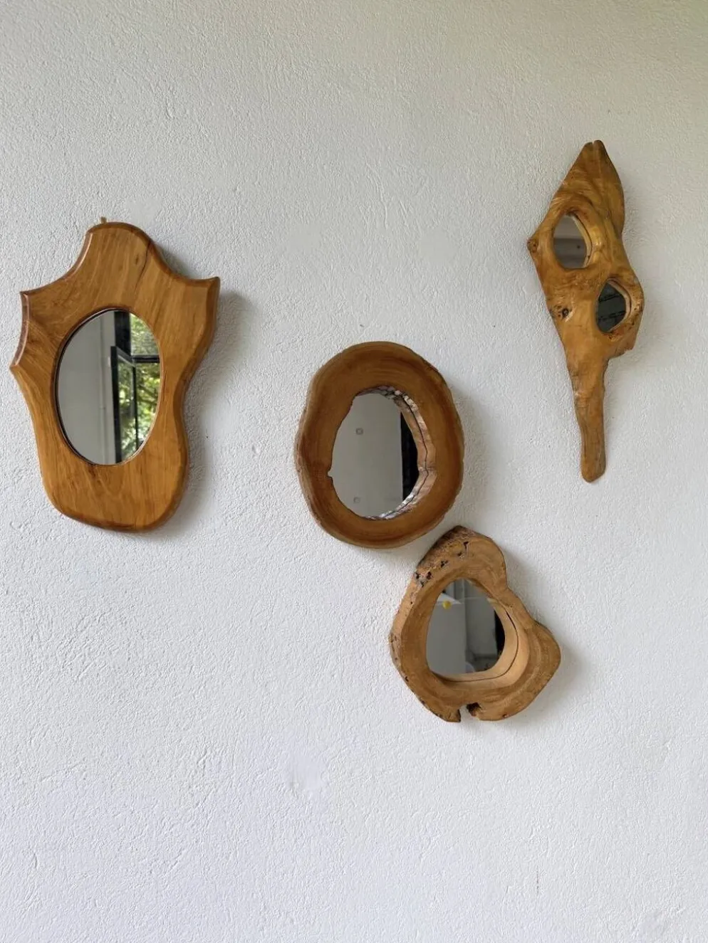 Set de 4 miroirs organiques brutalistes en bois années 50