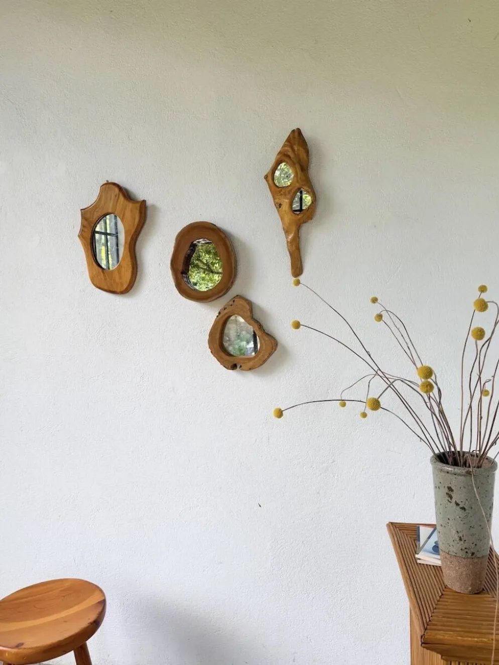 Set de 4 miroirs organiques brutalistes en bois années 50