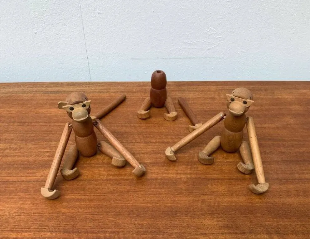 Singes en bois danois du milieu du siècle, lot de 3