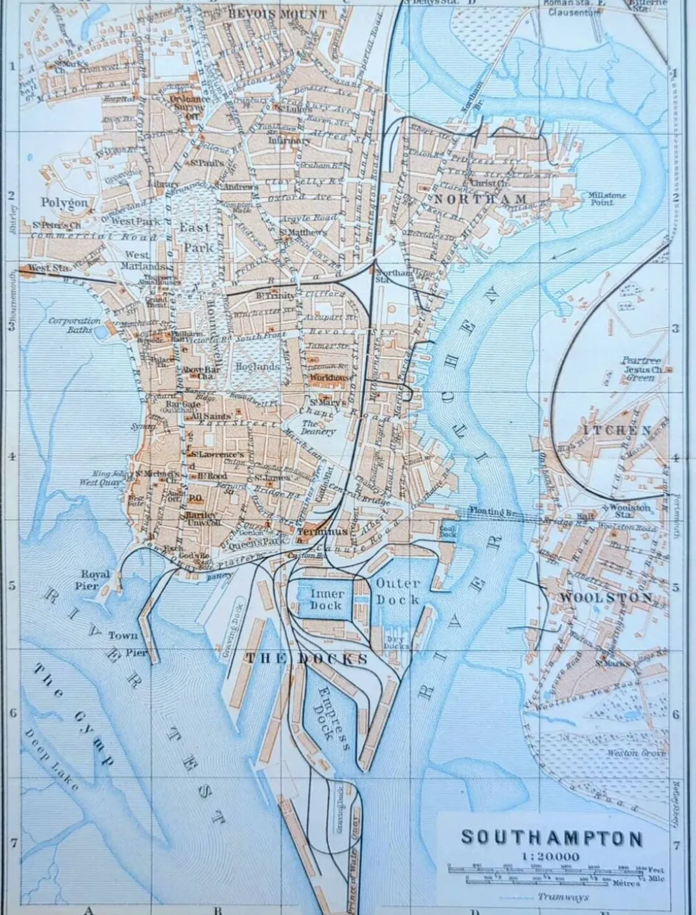 Southampton, Angleterre, plan original imprimé en 1913.