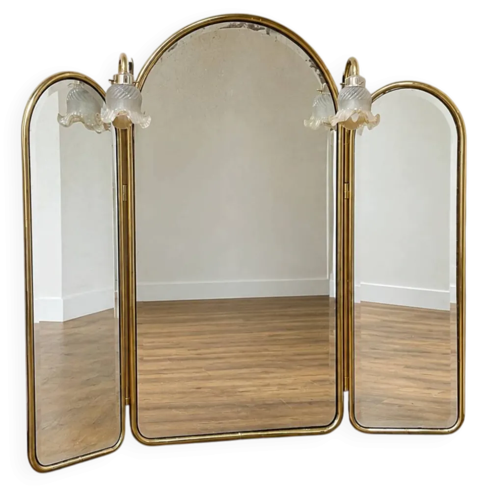 Specchiera vintage a trittico in ottone con applique