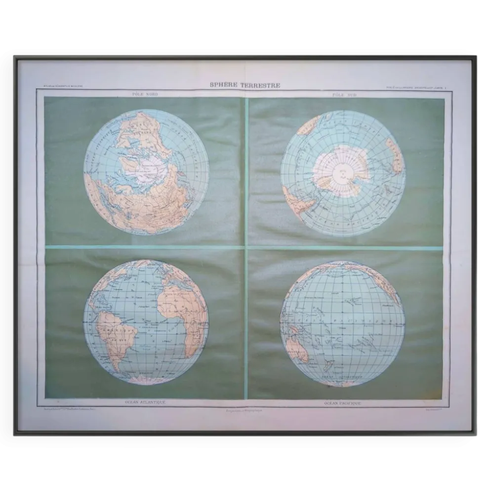 Sphère Terrestre, carte originale imprimée en 1907.