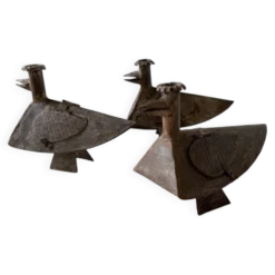 Série de trois bougeoirs oiseaux brutalistes Folk Art