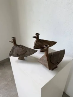Série de trois bougeoirs oiseaux brutalistes Folk Art