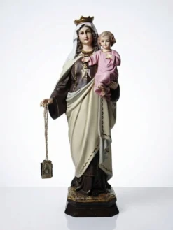 Statuette stuc ND du Mont Carmel, ateliers Olot, yeux en verre, 1920-1930