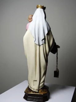 Statuette stuc ND du Mont Carmel, ateliers Olot, yeux en verre, 1920-1930