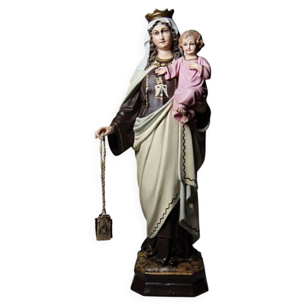 Statuette stuc ND du Mont Carmel, ateliers Olot, yeux en verre, 1920-1930