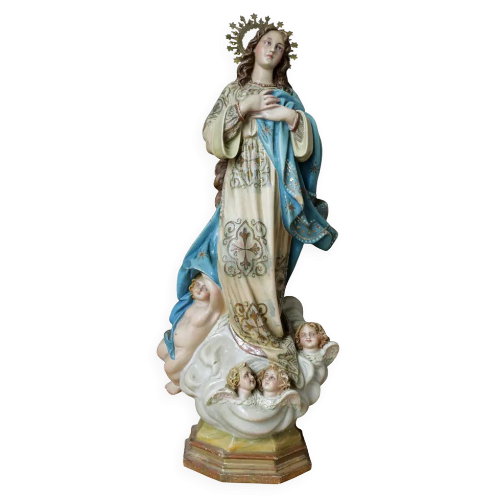 Statuette Vierge de Olot en plâtre et verre, début XXème