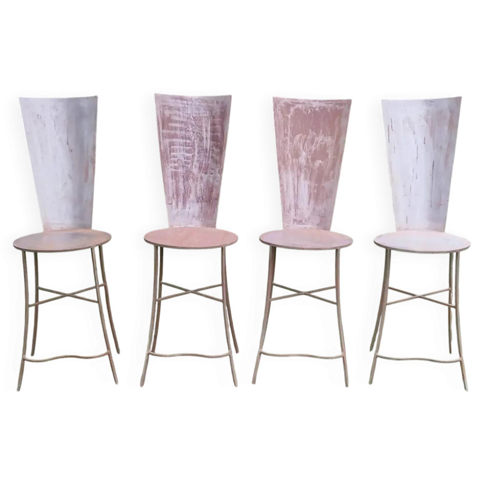 Suite de 4 Chaises Sculpturales "Haut Dossier" - Métal Brut Patiné - D