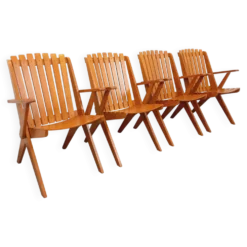Suite de 4 fauteuils de jardin vintage en bois de hêtre des années 60