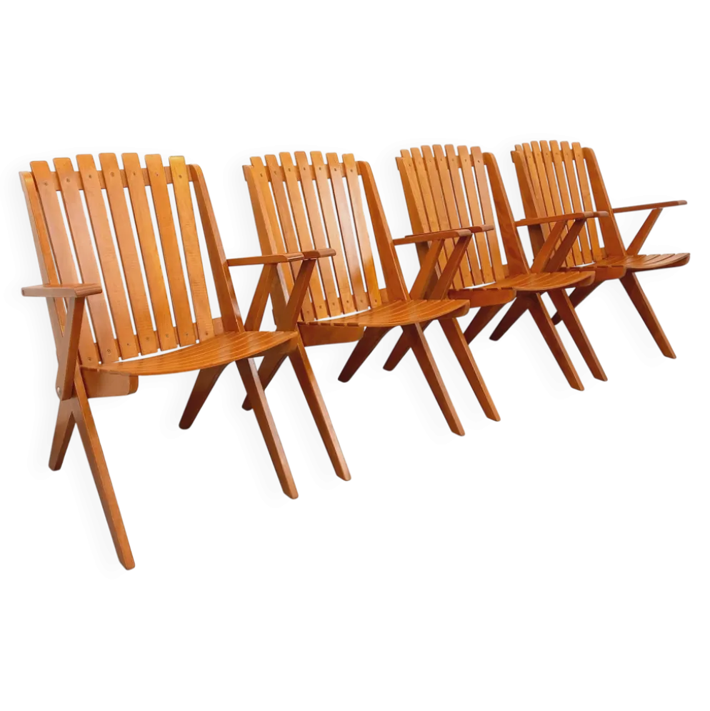 Suite de 4 fauteuils de jardin vintage en bois de hêtre des années 60