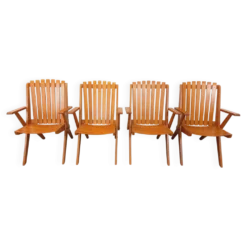Suite de 4 fauteuils de jardin vintage en bois de hêtre des années 60