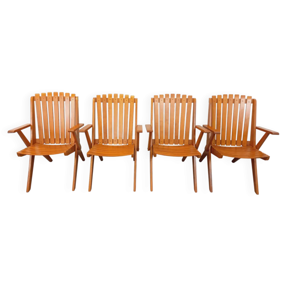 Suite de 4 fauteuils de jardin vintage en bois de hêtre des années 60