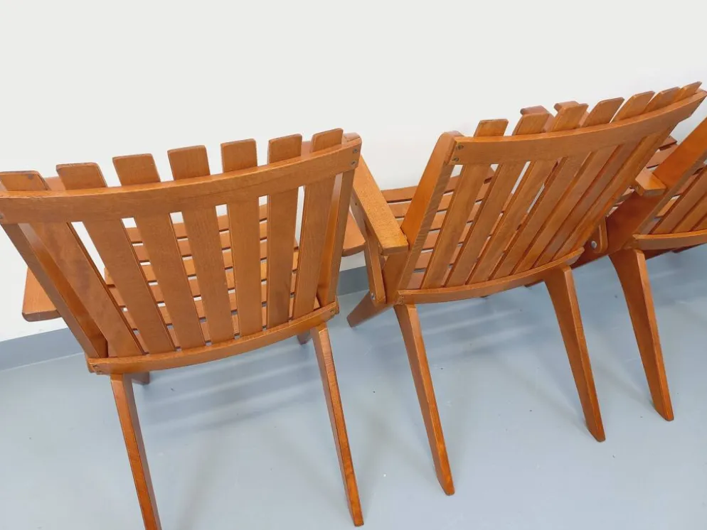 Suite de 4 fauteuils de jardin vintage en bois de hêtre des années 60