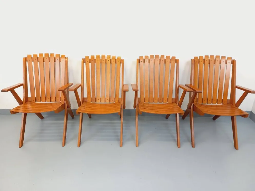 Suite de 4 fauteuils de jardin vintage en bois de hêtre des années 60