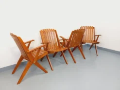 Suite de 4 fauteuils de jardin vintage en bois de hêtre des années 60