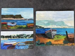 Suite de 3 huiles sur panneaux - paysages marins