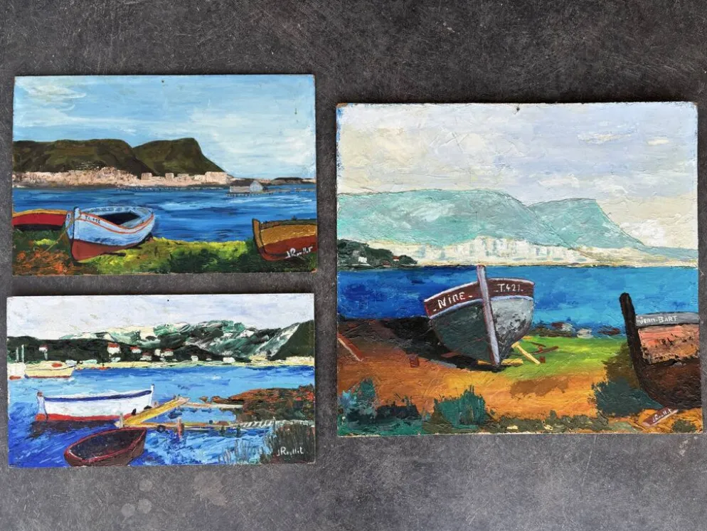 Suite de 3 huiles sur panneaux - paysages marins