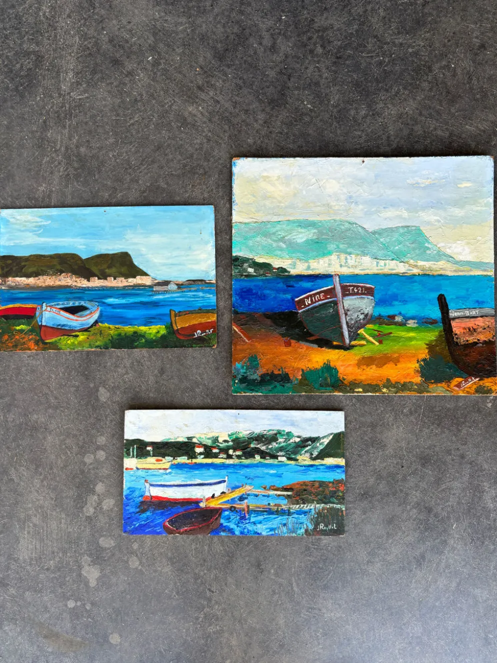 Suite de 3 huiles sur panneaux - paysages marins