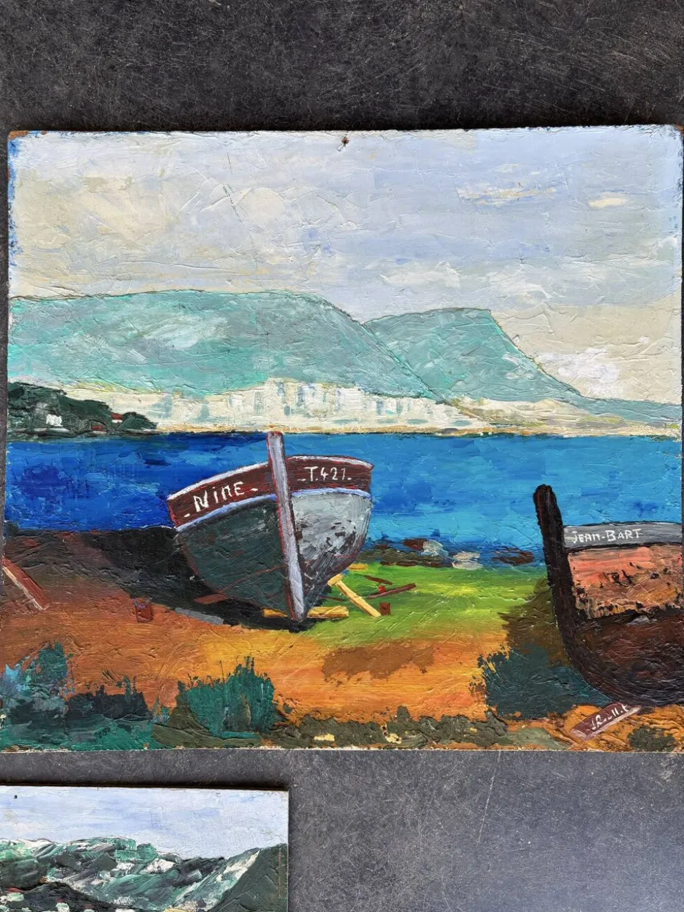 Suite de 3 huiles sur panneaux - paysages marins