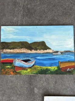 Suite de 3 huiles sur panneaux - paysages marins