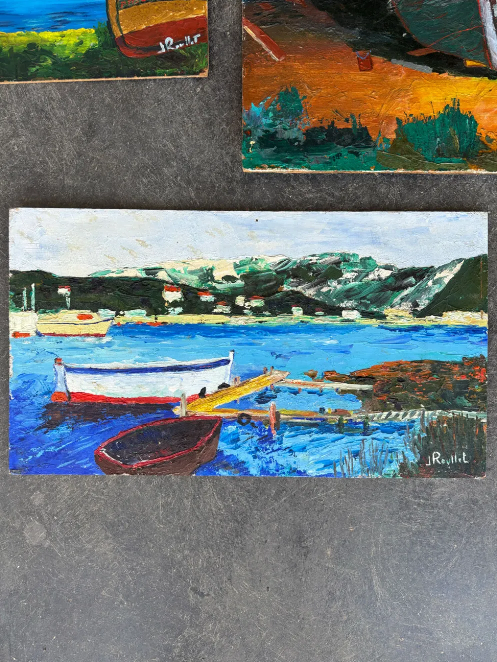 Suite de 3 huiles sur panneaux - paysages marins