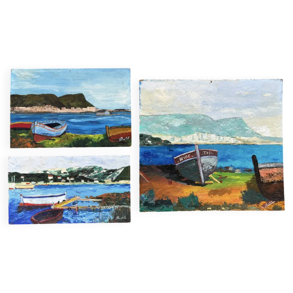 Suite de 3 huiles sur panneaux - paysages marins