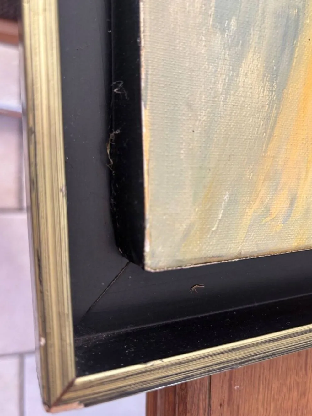 Tableau Abstrait Lyrique Huile sur Toile Cadre Noir Doré Années 60