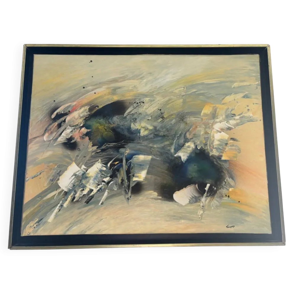 Tableau Abstrait Lyrique Huile sur Toile Cadre Noir Doré Années 60
