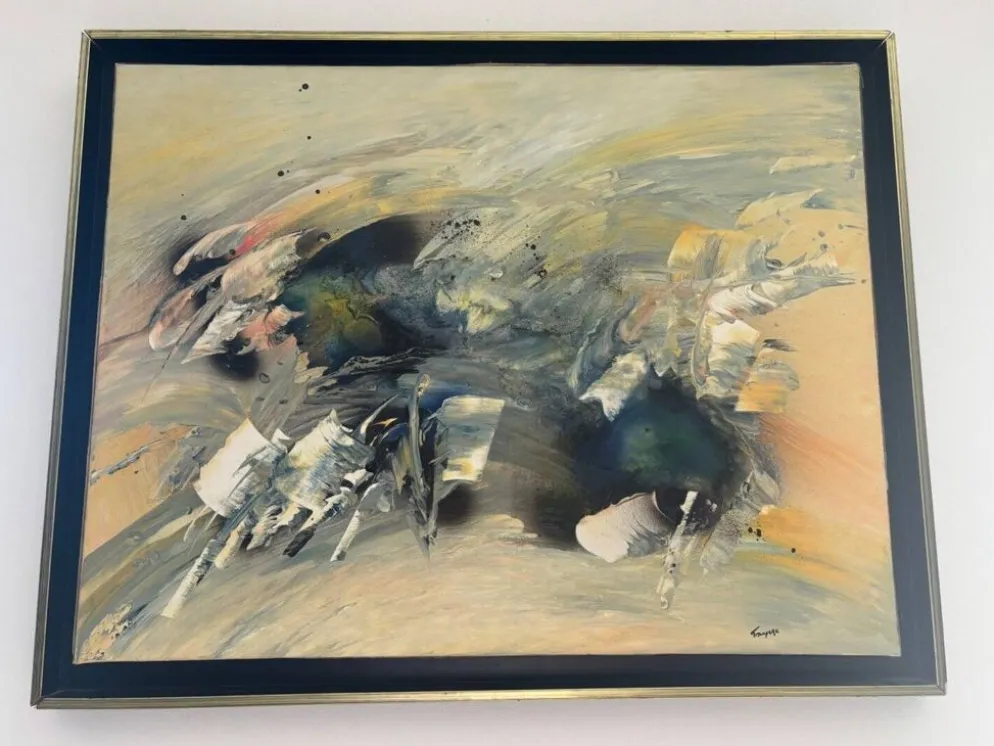 Tableau Abstrait Lyrique Huile sur Toile Cadre Noir Doré Années 60