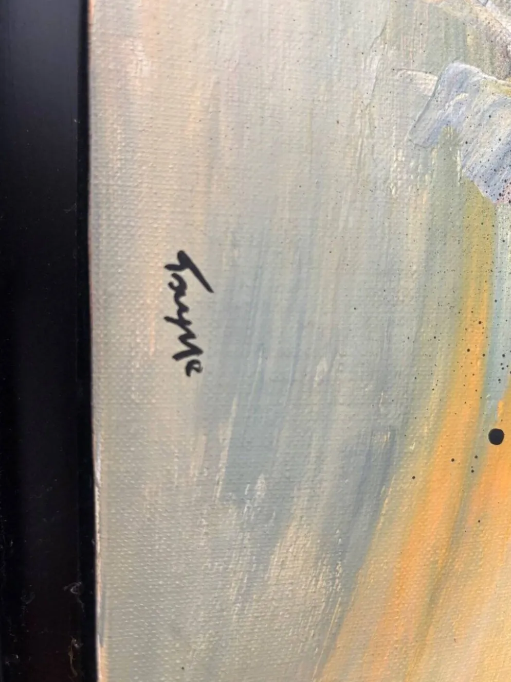 Tableau Abstrait Lyrique Huile sur Toile Cadre Noir Doré Années 60