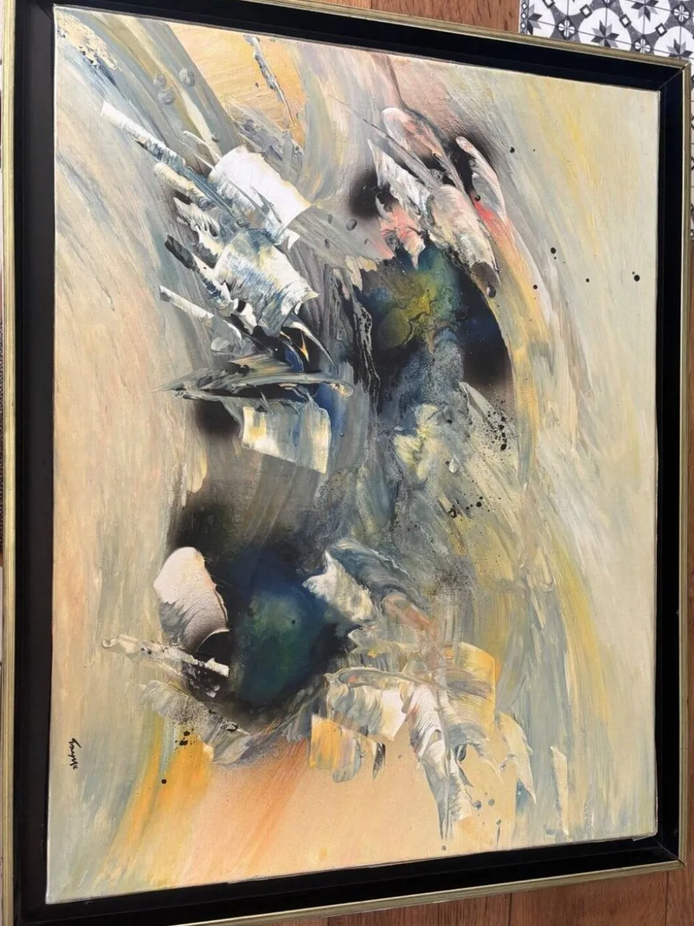 Tableau Abstrait Lyrique Huile sur Toile Cadre Noir Doré Années 60