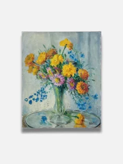 Tableau ancien - Bouquet de fleurs dans vase en verre