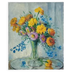 Tableau ancien - Bouquet de fleurs dans vase en verre