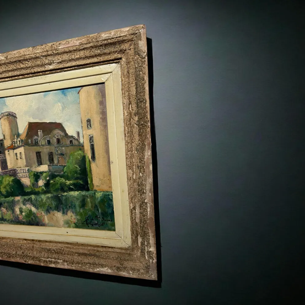 Tableau ancien français signé et daté 1952 – Château et jardin – Huile