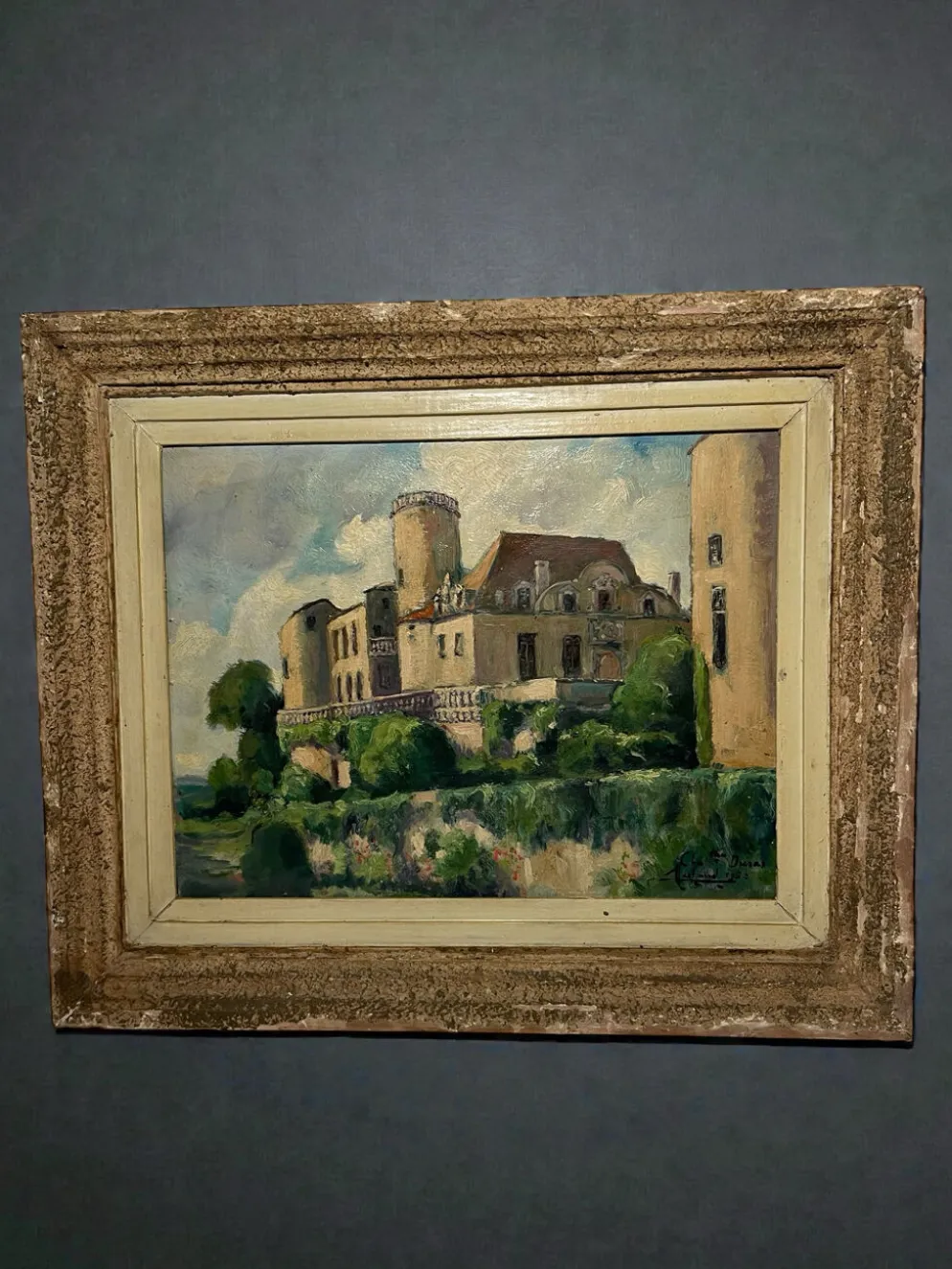 Tableau ancien français signé et daté 1952 – Château et jardin – Huile