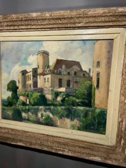 Tableau ancien français signé et daté 1952 – Château et jardin – Huile