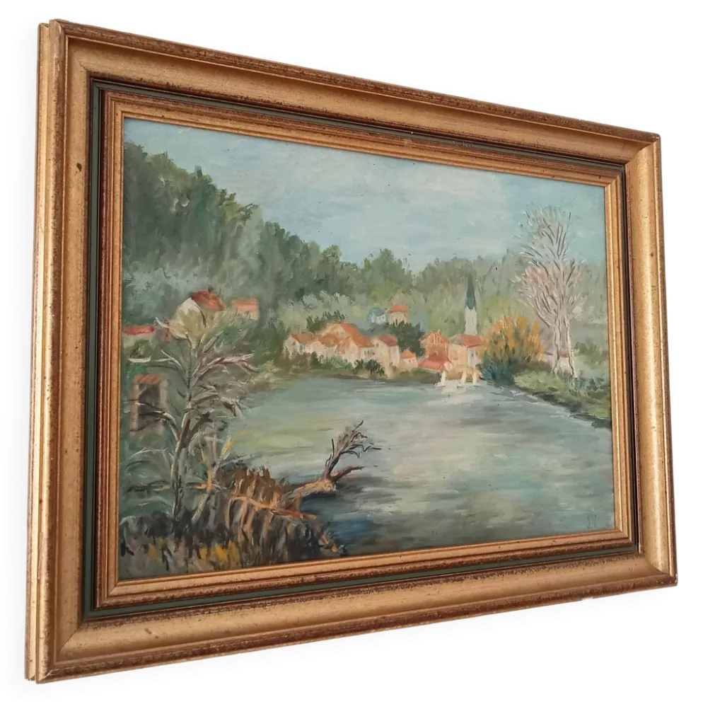 Tableau ancien huile sur toile signée J.V