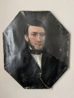 Tableau ancien huile sur toile octogonale portrait décoration campagne