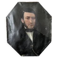Tableau ancien huile sur toile octogonale portrait décoration campagne