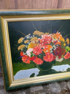 Tableau ancien impression sur toile avec cadre Frey vert et doré 58x51cm