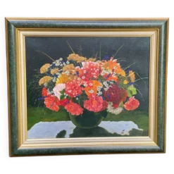 Tableau ancien impression sur toile avec cadre Frey vert et doré 58x51cm