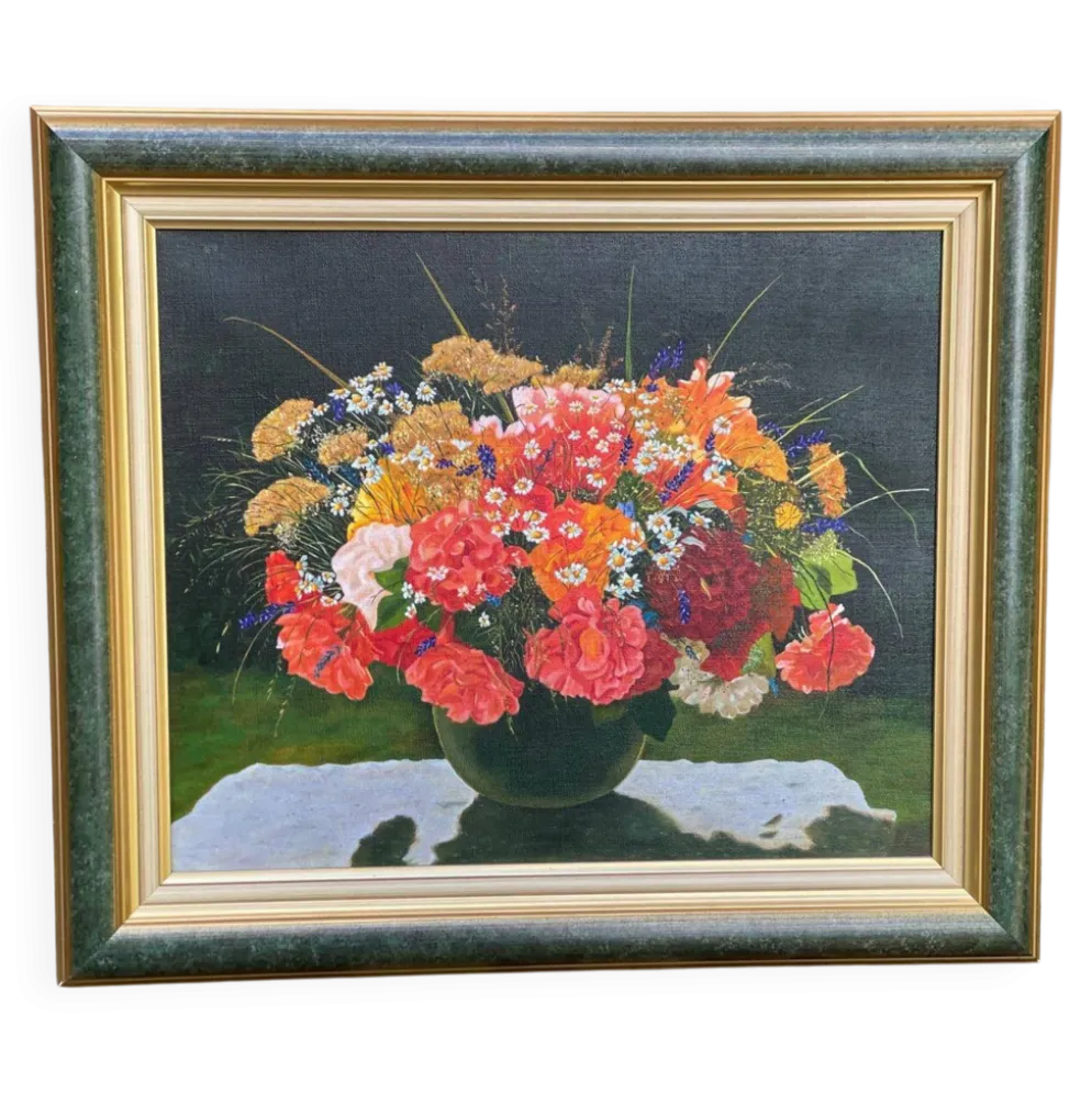 Tableau ancien impression sur toile avec cadre Frey vert et doré 58x51cm