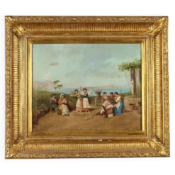 Tableau ancien « La tarentelle napolitaine » huile sur toile XIXe siècle