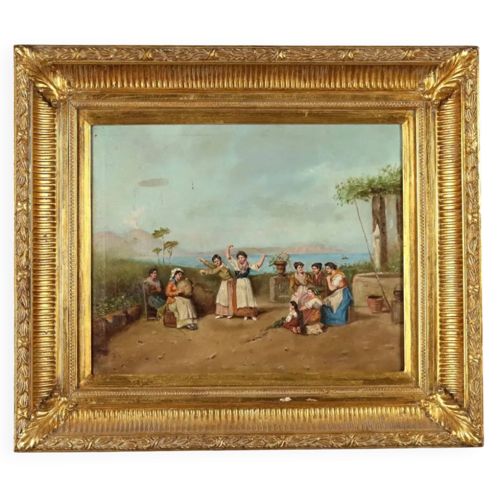 Tableau ancien « La tarentelle napolitaine » huile sur toile XIXe siècle