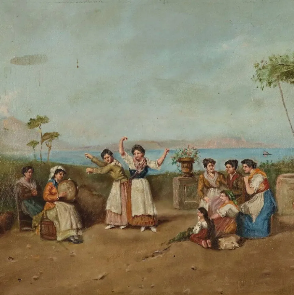 Tableau ancien « La tarentelle napolitaine » huile sur toile XIXe siècle