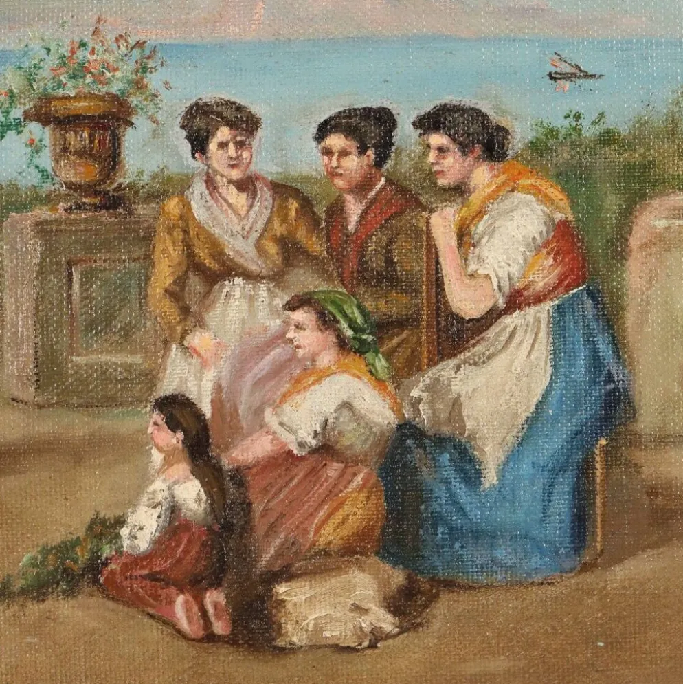 Tableau ancien « La tarentelle napolitaine » huile sur toile XIXe siècle