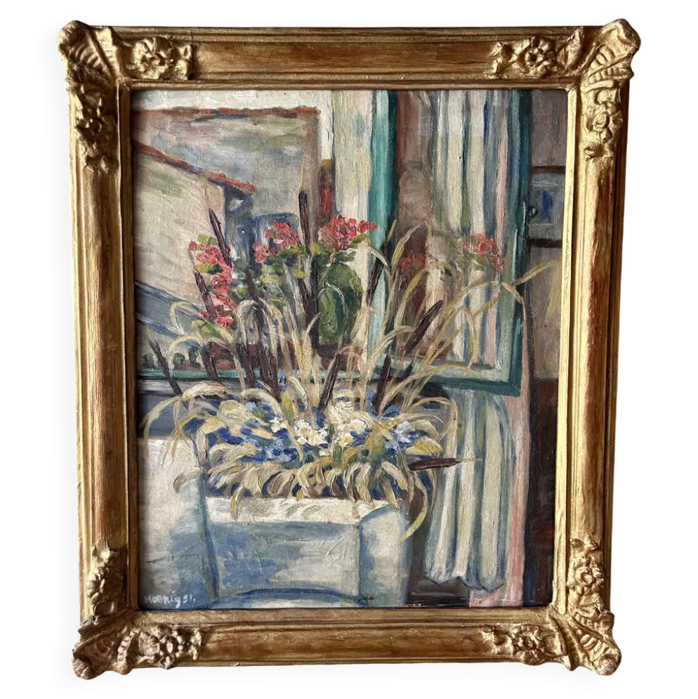 Tableau ancien Nature morte florale – Huile sur carton, 1951