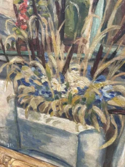 Tableau ancien Nature morte florale – Huile sur carton, 1951