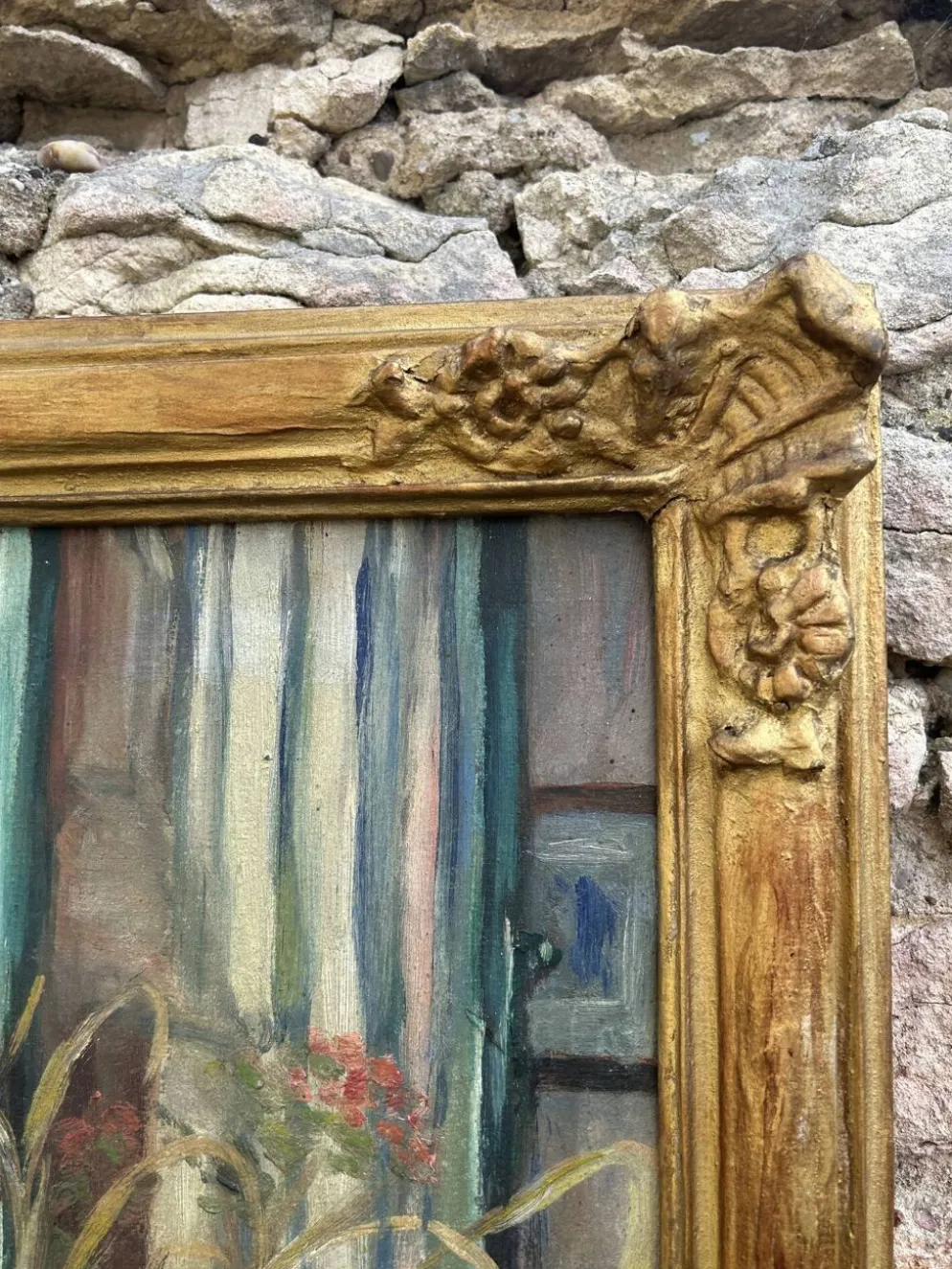 Tableau ancien Nature morte florale – Huile sur carton, 1951